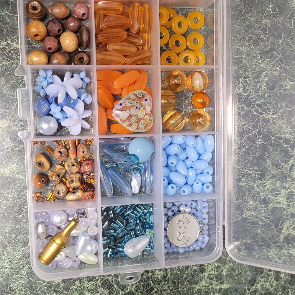 Clear Bead Organizer with Blue and Orange Beads